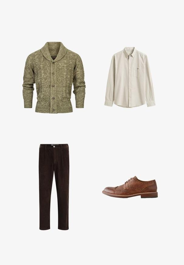 Cardigan en tricot câblé vert olive avec col châle, poignets et ourlet côtelés, et cinq boutons marron à l'avant.; Chemise beige et blanche à rayures verticales, à manches longues, boutonnée, avec col et poche poitrine, présentée à plat sans personne.; Redefined Rebel JOHN COMFORT FIT - Pantalon classique - demitasse; Chaussure Oxford homme en cuir marron style wingtip avec détails brogue et talon en bois superposé, vue de profil sur fond blanc.