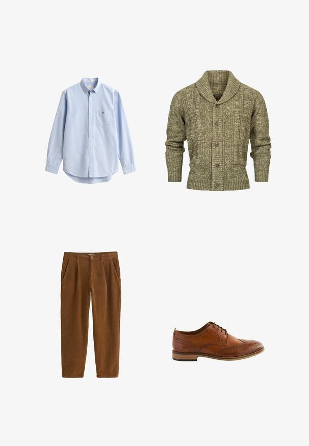Oliven grøn kabelstrikket cardigan med sjal krave, ribbede manchetter og kant, samt fem brune knapper ned til fronten.; Lyseblå bomuldsskjorte med knapper. Har en brystlomme, lange ærmer og en klassisk krave. Glat tekstur med afrundet kant.; Brune fløjlbukser med lige snit, der har frontfolder, skrå lommer og en enkelt knaplukning i taljen.; Brune lædersko med wingtipsdesign, perforerede detaljer og en lav stablet hæl. Snørebåndslukning og glat tekstur.