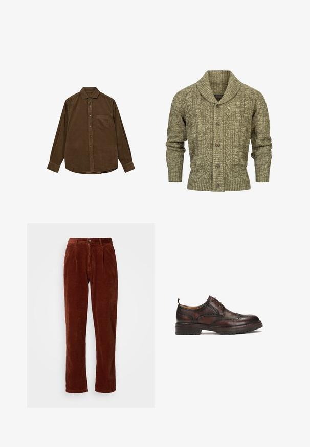 Oliven grøn kabelstrikket cardigan med sjal krave, ribbede manchetter og kant, samt fem brune knapper ned til fronten.; Brun kordfløjls skjorte med lange ærmer, knap-ned krave, frontlomme og struktureret ribbet overflade. Har sølvfarvede knapper.; Corduroybukser i en rig brun farve; har en plisseret front, lige ben og en knaplukning ved taljen.; Brune læder Oxford sko med brogue-detaljer, der har en rund tå, snørebåndsdesign og gummisål for bedre greb.