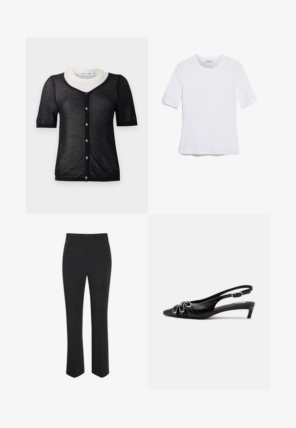 Cárdigan negro de manga corta con escote en V, que presenta una textura de punto ligera, cuello blanco en contraste y cierre de botones en la parte delantera.; Camiseta de manga corta blanca hecha de tela de canalé. Cuello redondo, corte regular y detalles de costura sutiles. Sin patrones ni gráficos.; Pantalones negros a medida con diseño de pierna recta. Fabricados con tela suave, cuentan con una pretina de talle medio y una sutil arruga frontal.; Zapato slingback de cuero negro con punta puntiaguda, tres hebillas plateadas en la parte delantera y tacón bajo tipo «kitten» sobre fondo blanco.