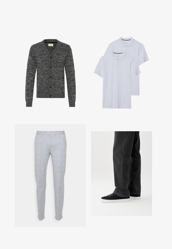 Dunkelgrauer melierter Strickcardigan mit V-Ausschnitt, langen Ärmeln, fünf schwarzen Knöpfen auf der Vorderseite sowie gerippten Bündchen und Saum.; Zwei weiße Poloshirts mit klassischem Kragen, Knopfleiste und kurzen Ärmeln, aus glattem Baumwollstoff.; Hellgraue maßgeschneiderte Hosen mit einem dezenten Streifenmuster, ausgestattet mit einem normalen Bund und einem einzigen Knopfverschluss. Glatte Textur.; Schwarze Jeans aus Denim mit lockerem Schnitt, kombiniert mit marineblauen Wildleder-Sneakern mit weißen Gummisohlen und schwarzen Schnürsenkeln. Einfaches und modernes Design.