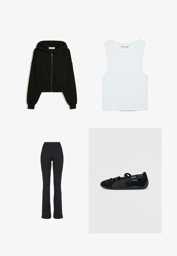Sort kort lynlåshætte med lange ærmer, ribstrikkede manchetter og hætte, vist fladt på en hvid baggrund.; Hvid ærmeløs crop top med rund halsudskæring, lavet af glat stof, mærket Pull&Bear, egnet til afslappet brug.; Sorte højtaljede, tætsiddende yogabukser med udvidede ben, præsenteret mod en hvid baggrund.; Sort mokka-balletsko med krydsede stropper, tekstureret sidetalje og en lav gummisål.
