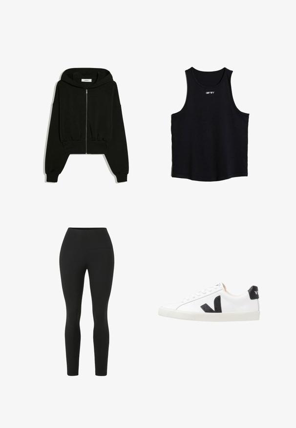 Schwarzer, kurz geschnittener Kapuzenpullover mit Reißverschluss, langen Ärmeln, gerippten Bündchen und Kapuze, flach auf weißem Hintergrund dargestellt.; Schwarzes ärmelloses Tanktop aus glattem Stoff. Verfügt über einen runden Ausschnitt und ein kleines weißes Logo auf der Brust. Einfaches, unauffälliges Design.; Schwarze Leggings mit einem hohen Bund. Hergestellt aus dehnbarem Stoff, mit einer glatten Textur und einer anliegenden Silhouette ohne sichtbare Nähte.; Weißer Sneaker mit einem schwarzen V-Logo, ausgestattet mit einem glatten Lederoberteil, runder Zehenpartie, Schnürverschluss und kontrastierendem schwarzen Fersenbereich.