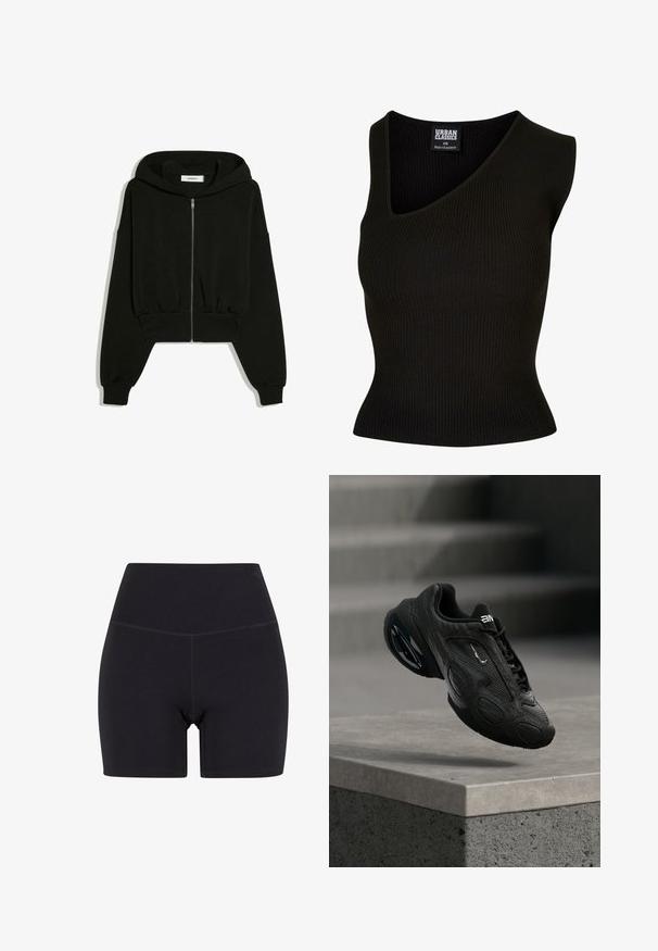 Sweat à capuche noir court zippé, manches longues, poignets côtelés et capuche, présenté à plat sur fond blanc.; Débardeur noir à côtes avec un décolleté en V et sans manches. Coupe ajustée avec un tissu texturé. L'étiquette indique "Urban Classics XS."; Shorts noirs taille haute en tissu extensible. Caractéristiques : une taille élastique, une texture lisse et une longueur mi-cuisse avec un design sans couture.; Chaussure de sport noire avec tige en cuir texturé, logo proéminent et semelle amortissante. Présente des motifs abstraits et des accents lisses et arrondis.