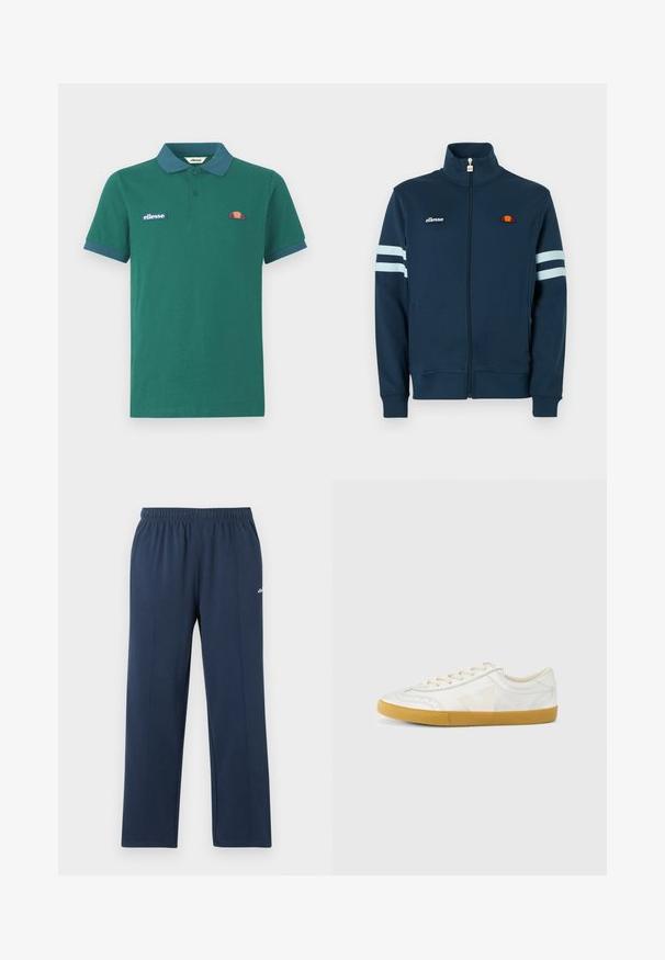Marineblå lynlåstrøje med høj krave, hvide stribede detaljer på ærmerne og broderet logo. Blødt stof, elastiske manchetter og kant.; Grøn polo shirt lavet af bomuld med en kontrasterende blå krave og manchetter. Har et broderet logo og et lille farverigt design på brystet.; Marineblå sweatpants med lige ben, elastisk talje og diskrete vertikale sømme, lille hvidt logo på øverste lår.; Hvid lædersneaker med en glat tekstur, med en beige 'V'-logo, rund tå, snørelukning og en sål af gumgummi.