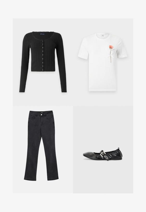 Sort langærmet cardigan lavet af ribbet stof med en rund halsudskæring, der har en række metalliske knapper foran og en cropped pasform.; Hvid kortærmet t-shirt med en enkelt pink rose med en hvid sløjfe bundet omkring stilken på venstre brystområde.; Sorte lige ben jeans med front- og baglommer, bæltestropper og knaplukning i taljen.; Sorte læder flade sko med spids tå, samling detaljer omkring åbningen, og en sølv spænde accent på den justerbare rem.