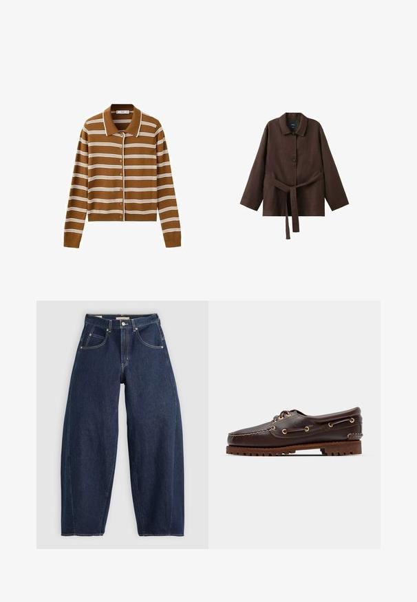 Cardigan marron boutonné avec des rayures blanches horizontales, manches longues et col classique.; Veste marron foncé à manches longues avec col, deux boutons et une ceinture assortie en tissu nouée à la taille.; Jean en denim bleu foncé, à coupe ample, avec des coutures claires, cinq poches et un bouton de fermeture à la taille.; Bateau en cuir marron avec des œillets dorés, des lacets ronds et une semelle en caoutchouc marron texturée. Présente des détails de couture et un logo en relief.