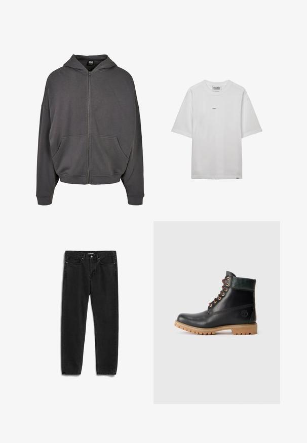 Grauer Reißverschluss-Hoodie mit Kordelzugkapuze, Fronttaschen, weiten Ärmeln sowie gerippten Bündchen und Saum. Glatte Stoffoberfläche.; Studio Seidensticker T-Shirt basic - white; Schwarze Jeans aus Denim mit geradem Bein, ausgestattet mit fünf Taschen, einem Frontreißverschluss und einem metallenen Knopfverschluss. Weiche Textur und minimalistische Details.; Schwarze Leder Stiefelette mit braunen Schnürsenkeln, gepolstertem grünen Kragen und beigefarbenem Gummisohle mit tiefen Profilen, seitliche Ansicht auf weißem Hintergrund.