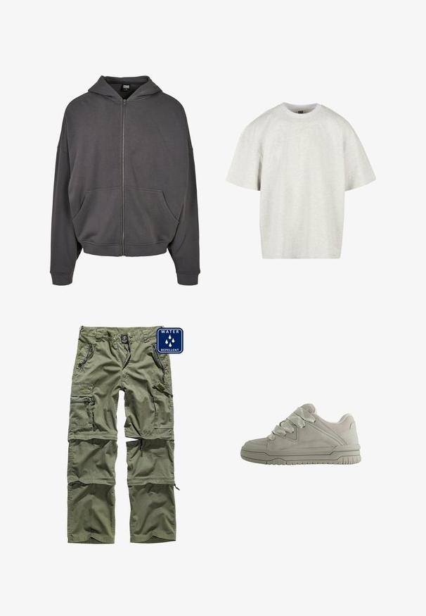 Sweatshirt zip gris avec capuche à cordon, poches avant, manches larges et poignets et ourlet côtelés. Texture de tissu lisse.; T-shirt en coton gris clair à manches courtes, col rond et coupe décontractée. Le tissu a une surface douce et légèrement texturée.; Pantalons cargo verts déperlant avec plusieurs poches zippées, poignets ajustables et un tissu durable. Présente un patch logo à l'avant.; Baskets basses grises avec de larges lacets texturés, col rembourré, panneaux cousus et semelle en caoutchouc rainurée pour une meilleure adhérence.
