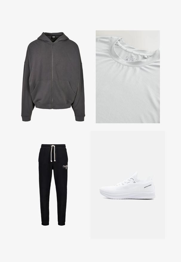 Grauer Reißverschluss-Hoodie mit Kordelzugkapuze, Fronttaschen, weiten Ärmeln sowie gerippten Bündchen und Saum. Glatte Stoffoberfläche.; Hellgraues Sport-T-Shirt aus strukturiertem Stoff, mit rundem Ausschnitt und subtilen dreieckigen Akzenten am Kragen.; Schwarze Baumwoll-Sweatpants mit elastischem Bund, Kordelzug und Seitentaschen. Mit weißem Drucktext auf dem linken Oberschenkel.; Weißer Strick-Sneaker mit niedrigem Schaft, strukturierter Sohle, Schnürvorderseite und "JACK & JONES"-Logo an der Ferse seitlich.