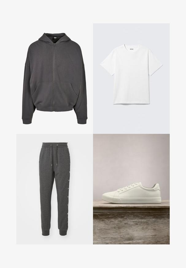 Sweatshirt zip gris avec capuche à cordon, poches avant, manches larges et poignets et ourlet côtelés. Texture de tissu lisse.; T-shirt blanc à manches courtes et col rond, étalé à plat, design uni, avec l'étiquette "WEEKDAY" à l'intérieur du col sur un fond clair.; Pantalon de survêtement gris en tissu doux, avec une taille élastique à cordon de serrage, des poignets aux chevilles et des boutons-pression sur les côtés pour un accès facile.; Sneaker en dentelle blanche flottant au-dessus d'un banc en bois avec un feuillage vert en arrière-plan, mettant en valeur le design et la texture de la chaussure.