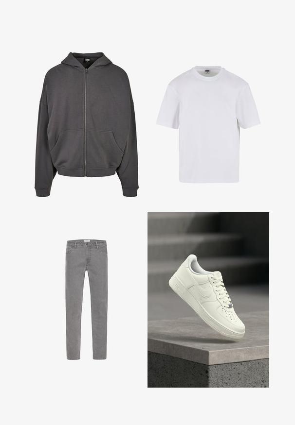 Grijze zip-up hoodie met een trekkoordcapuchon, zakken aan de voorkant, brede mouwen en ribgebreide boorden en hem. Soepele stofstructuur.; Witte kraagloze t-shirt met korte mouwen, gemaakt van katoen. Heeft een ronde halslijn en een losse pasvorm. Soepele textuur, minimalistisch ontwerp, geen patronen of accenten.; Grijze denim jeans met een rechte pasvorm. Voorzien van vijf zakken, riemlussen en een knoopsluiting aan de voorkant. Soepele textuur, minimalistisch design.; Witte leren sneaker met een laag profiel, een gestructureerd oppervlak, perforaties op de neus en zilverkleurige accenten op de veters en het logo.