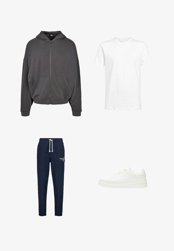 Grauer Reißverschluss-Hoodie mit Kordelzugkapuze, Fronttaschen, weiten Ärmeln sowie gerippten Bündchen und Saum. Glatte Stoffoberfläche.; Weißes kurzärmeliges T-Shirt aus Baumwolle mit rundem Ausschnitt und normaler Passform. Schlichtes Design, keine Muster oder sichtbaren Akzente.; Marineblaue Jogginghosen aus weichem Material mit einem Kordelzugbund, gerippten Bündchen und weißer gestickter Markenlogo auf der Vorderseite.; Weiße Sneaker mit einem glatten Lederoberteil, flachen Schnürsenkeln und einer dicken Gummisohle. Das minimalistische Design verfügt über subtile Nähte und nahtlose Akzente.