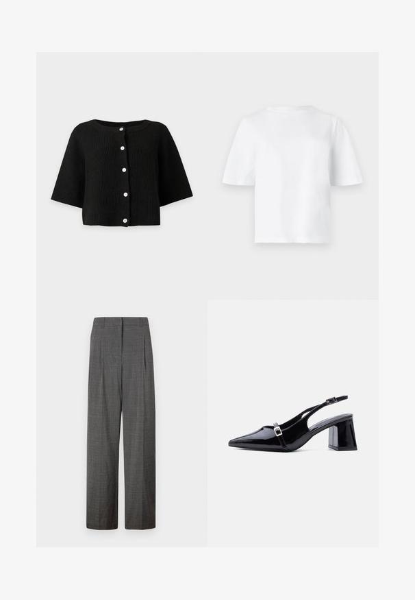 Cardigan negro de punto acanalado con mangas anchas y seis botones blancos en la parte frontal, mostrado sobre un fondo claro y liso.; Camiseta blanca lisa de manga corta con cuello redondo, mostrada extendida sobre un fondo gris claro.; Vero Moda VMSIKITA WIDE DAD PANT - Pantalones - medium grey/black; Zapato de mujer tipo slingback de charol negro con punta afilada, tacón bajo y cuadrado, y dos hebillas pequeñas plateadas en las correas.