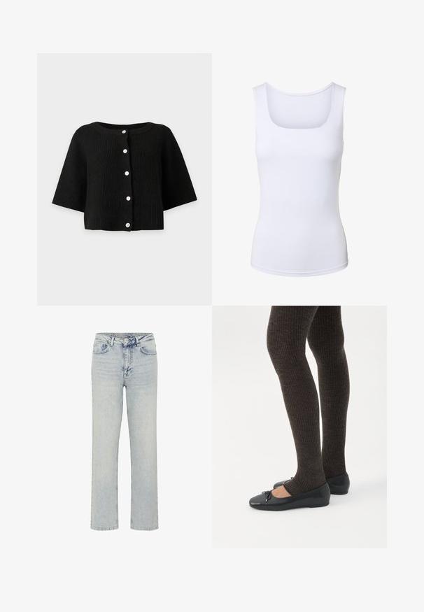 Zwarte geribde gebreide cardigan met wijde mouwen en zes witte knopen aan de voorkant, getoond tegen een effen lichte achtergrond.; Wit mouwloos tanktop met een vierkante halslijn, aansluitend silhouet en een gladde stoftextuur.; My Essential Wardrobe WIDE 05 THE LOUIS 139 - Relaxed fit jeans - light blue dirty wash; Benen met donkere geribbelde leggings gecombineerd met zwarte ballerina's met kleine strikdetails op een witte achtergrond.