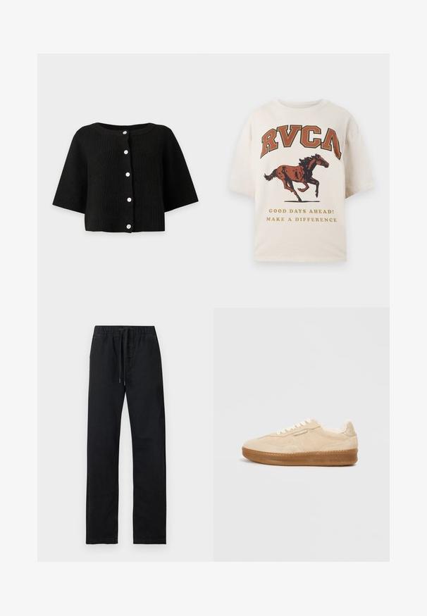 Cardigan en maille côtelée noire avec manches larges et six boutons blancs sur le devant, présenté sur un fond clair uni.; T-shirt beige à manches courtes avec le texte "RVCA", un graphisme de cheval au galop, et les phrases « De beaux jours à venir ! Faites la différence » en lettres dorées.; Pantalon noir à jambes droites avec taille élastique et cordon noir, présenté à plat sur un fond blanc.; Baskets en suédine beige avec une semelle en caoutchouc texturée, des lacets crème et une doublure en fourrure. Présente un logo de la marque subtile sur le côté.