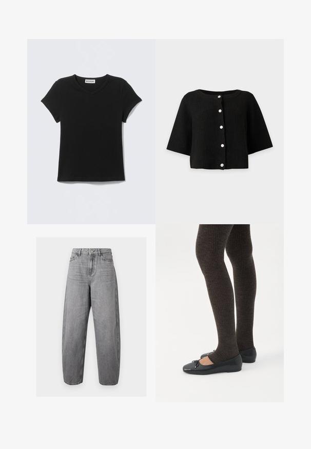 Cardigan en maille côtelée noire avec manches larges et six boutons blancs sur le devant, présenté sur un fond clair uni.; T-shirt noir à manches courtes et col en V avec l'étiquette "WEEKDAY" sur le col, posé à plat sur un fond gris clair.; Jean en denim gris à taille haute et coupe ample, avec bouton à l'avant, fermeture éclair, passants de ceinture et design à cinq poches.; Jambes portant des leggings côtelés foncés associés à des ballerines noires avec de petits détails en nœud sur fond blanc.