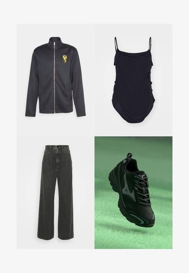Libertine-Libertine OLYMPIC TRACK TOP - Sweatjakke - dark navy; Sort ærmeløs top med tynde stropper, lavet af blødt stof. Har draperede sider og en afrundet kant for en afslappet pasform.; Goldsign THE EDGAR TROUSER - Wide leg - vaughn; Sort atletisk sko med en tekstureret overflade, grå detaljer og snørebånd. Har et fremtrædende mærke-logo og en polstret sål for støtte.