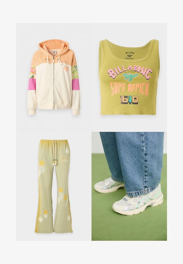 Sudadera con capucha y cremallera, con parte superior color durazno, cuerpo color crema, mangas con bloques de colores floral y rosa, bolsillos frontales y bordado de corazón en el pecho.; Top corto verde con texto en rosa, naranja y multicolores que dice "Billabong Surf Africa 1640" y un pequeño logo en el centro del frente.; Pantalones deportivos acampanados de color verde claro con patrones de sol en amarillo y blanco, y cintura con cordón y cuentas.; Zapatillas de malla blancas y plateadas con detalles en verde, combinadas con unos vaqueros azules holgados, de pie sobre un suelo de moqueta verde.