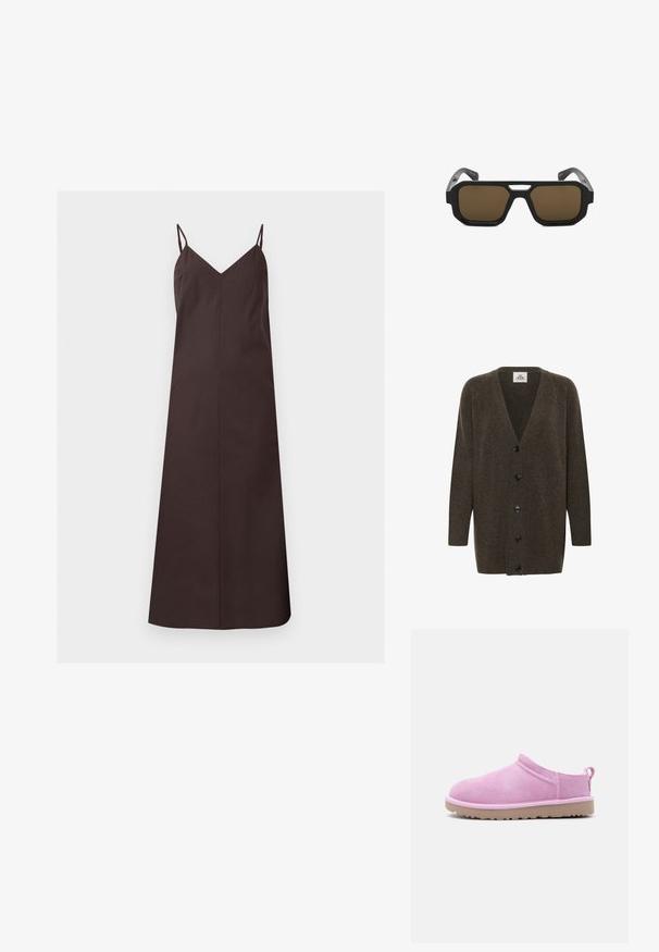 Gilet en laine marron avec un décolleté en V, des manches longues et quatre boutons noirs sur le devant. Texture douce, coupe décontractée.; Robe nuisette marron sans manches avec fines bretelles et décolleté en V, présentée sur un fond uni gris clair.; Chaussure à enfiler en daim rose pâle avec une semelle en caoutchouc beige et un onglet à l'arrière, conçue pour un usage décontracté en intérieur comme en extérieur.; Lunettes de soleil noires avec une monture rectangulaire, des verres bruns et des branches texturées. Présentent un design de pont distinctif et des bords angulaires.