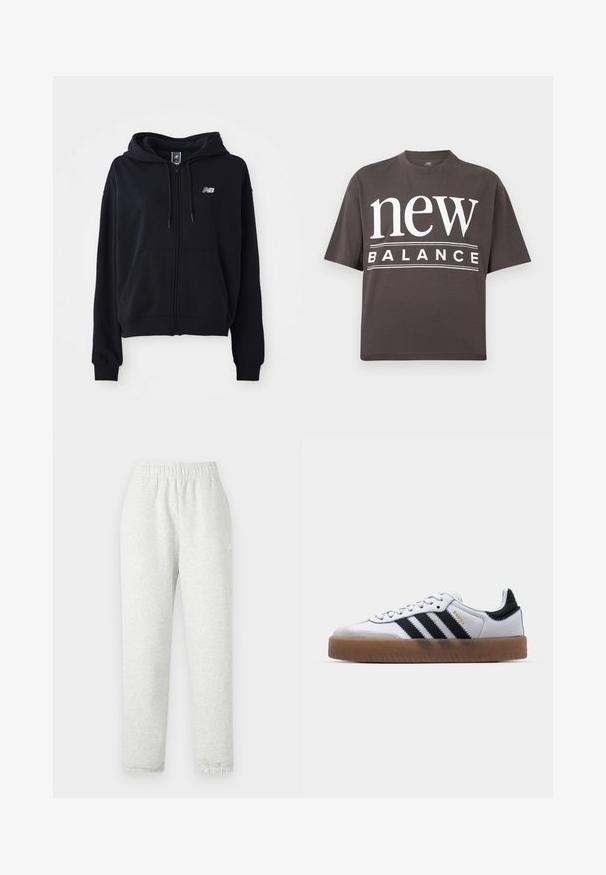 Sudadera con cremallera negra, hecha de tela suave, con un bolsillo canguro, capucha con cordón y un pequeño logo reflectante en el pecho.; Camiseta de manga corta de color gris oscuro con un gran logo blanco de "new BALANCE" impreso en el frente, cuello redondo y ajuste holgado.; Pantalones de chándal gris claro con una cinturilla elástica, piernas cónicas y puños acanalados. Fabricados con un tejido suave y texturizado. Detalle del logo blanco en el lateral.; Zapatillas de cuero blancas con rayas negras, suela de goma, puntera redonda, cierre de cordones y caperuza de ante gris suave.