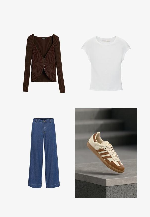 Bruine geribbelde cardigan met lange mouwen, nauwsluitende pasvorm, diepe V-hals en drie zilveren knopen aan de voorkant.; Witte katoenen T-shirt met korte, opgerolde mouwen, een ronde halslijn en een rechte zoom. Gladde textuur zonder zichtbare patronen of accenten.; Wijduitlopende denim broek in donkerblauw. Gemaakt van katoen, met een knoopsluiting, voorzakken en een nette zoom.; Klassieke sneaker met een crème kleurige leren bovenkant, bruine accenten, drie strepen en een textuurrijke gumzool. Voorzien van een afgeronde neus en vetersluiting.