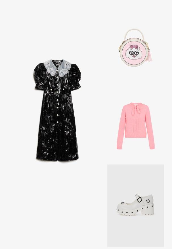 Lyserød strikket cardigan med rund halsudskæring, lange ærmer, knaplukning og et bånddetalje foran. Blød tekstur.; Sort, blanklæder kjole med puffærmer, en hvidbroderet krave og store dekorerende knapper ned ad forsiden.; Hvide platform sko med en rund tå, spænde og cirkulære nitter. Tekstureret sål med en let hæl og dekorativ hardware detalje.; Rund lyserød håndtaske med hvidt og lyserødt hundefjæs med glitrende sløjfe og hjerteformede briller, et topgreb og en sidekvast lynlås træk.