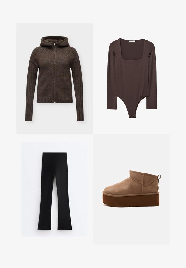 Dunkelbrauner, gestrickter Hoodie mit langen Ärmeln, durchgehendem Frontreißverschluss und geripptem Muster an Ärmeln und Saum.; Brauner Langarm-Body mit quadratischem Ausschnitt und Druckknöpfen im Schritt, hergestellt aus einem glatten, dehnbaren Stoff.; Schwarze Leggings mit hoher Taille und breitem Bund, geradem Beinanschnitt, flach auf weißem Hintergrund dargestellt.; Brauner, halbhoher Slipper-Stiefel aus Wildleder mit dicker Plateausohle und Zuglasche hinten vor hellem Hintergrund.