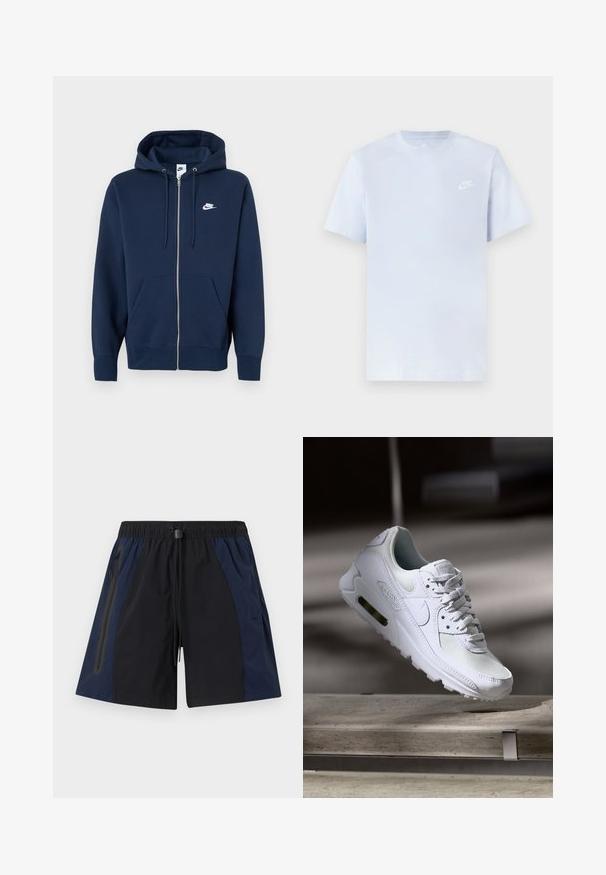 Marineblauwe zip-up hoodie met een voorzak, trekkoord in de capuchon en een wit Nike-logo op de linkerborst. Gemaakt van zacht materiaal.; Lichtblauwe katoenen t-shirt met korte mouwen, ronde hals en een wit Nike-logo gedrukt op de linkerborst. Glad textuur, eenvoudig ontwerp.; Zwarte en marineblauwe sportkorte broek voor heren met een elastische tailleband, trekkoordsluiting en een met ritssluiting afsluitbare zijzak aan de linkerkant.; Witte Nike Air Max 90 sneaker met een bovenwerk van mesh en leer, een geperforeerde teenbox en een zichtbare luchtunit in de hiel.