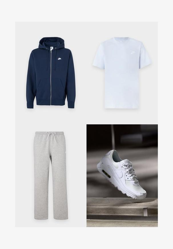 Marineblå hættetrøje med lynlås, frontlomme, snøre i hætten og et hvidt Nike-logo på venstre bryst. Fremstillet af blødt stof.; Lyseblå bomulds t-shirt med korte ærmer, rund hals og et hvidt Nike-logo trykt på venstre bryst. Glat tekstur, simpelt design.; Grå joggingbukser med elastisk talje og snor. Fremstillet af blødt stof, de har lige ben og diskret logodetalje.; Hvide Nike Air Max 90 sneakers med en overdel i mesh og læder, perforeret tåboks og en synlig luftenhed i hælen.