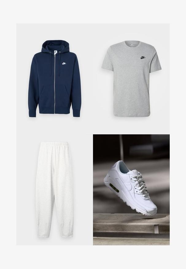 Marineblauwe zip-up hoodie met een voorzak, trekkoord in de capuchon en een wit Nike-logo op de linkerborst. Gemaakt van zacht materiaal.; Grijze T-shirt met korte mouwen van katoen, voorzien van een zwart Nike-logo op de borst en een ronde halslijn. Minimalistisch ontwerp zonder patronen.; Lichtgrijze sweatpants gemaakt van zachte stof, met een elastische tailleband, taps tolopende benen en enkelmanchetten. Eenvoudig ontwerp zonder patronen.; Witte leren sneaker met gestructureerde oppervlakken, gevoerde kraag en zichtbare luchtbescherming in de zool. Heeft veters en een minimalistisch ontwerp.
