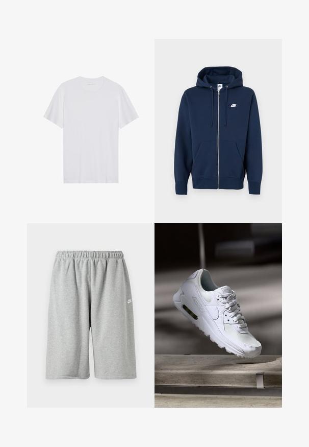 Sweat à capuche zippé bleu marine avec une poche avant, une capuche à cordon et un logo Nike blanc sur le côté gauche de la poitrine. Fabriqué en tissu doux.; T-shirt en coton blanc à manches courtes, col rond et texture lisse. Présente un branding minimal au niveau du col.; Shorts en coton gris avec une taille élastique, offrant une coupe ample et un petit logo blanc près de l'ourlet. Texture lisse, longueur au-dessus du genou.; Sneaker Nike Air Max 90 blanche avec une tige en mesh et cuir, une boîte à orteils perforée et une unité air visible au talon.
