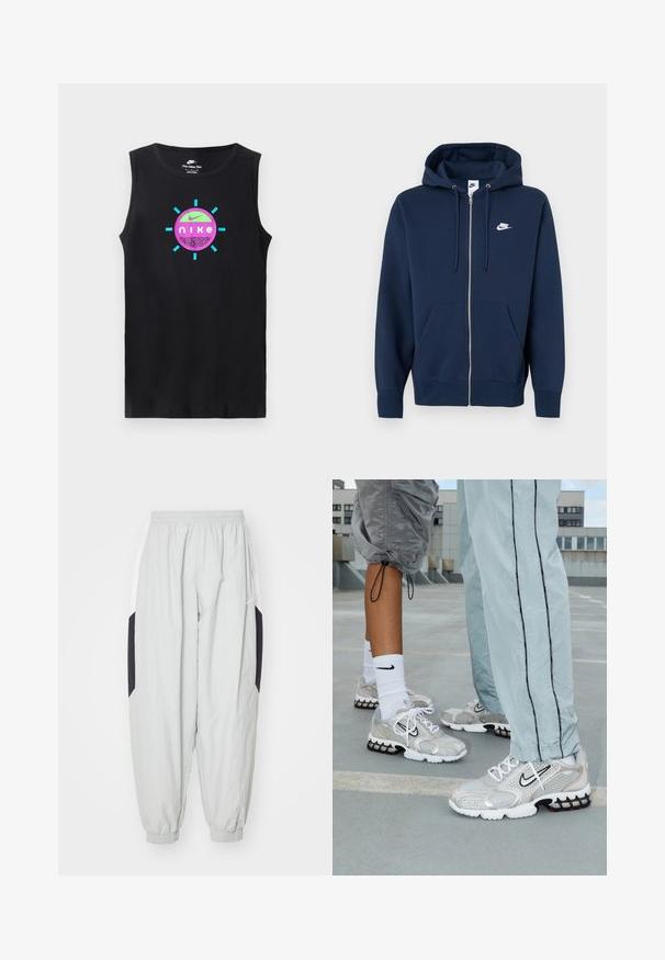 Tumesinine lukuga dressipluus esitasku, kapuuts nööriga ja valge Nike logo vasakul rinnal. Valmistatud pehmest kangast.; Must have käised särk, millel on ümmargune kunsti kujundus lilla ja türkiissinisega, mille ümber on türkiissinised kiired ning tekst "Nike".; Heledad hallhalli trackipüksid, mis on valmistatud kergest kangast, elastse vöökoha ja varrukatega, mustade ja valgete kontrastsete küljeelementidega.; Nike spordijalatsid hõbedasest võrkmaterjalist, millel on valged paelad, must swooshi logo ja must-punane õhkpadi vahetald.