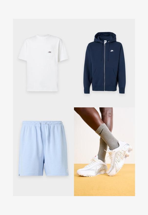 Laivastonsininen vetoketjullinen huppari, jossa etutasku, kiristysnauhallinen huppu ja vasemmassa rinnassa valkoinen Nike-logo. Valmistettu pehmeästä kankaasta.; Valkoinen puuvillapaita lyhyillä hihoilla, pyöreällä kauluksella ja rintataskulla, jossa on monivärinen lenkkitossulogo. Pehmeä rakenne, rento istuvuus.; Vaaleansiniset rentoihin tilanteisiin sopivat shortsit, joissa on joustava vyötärönauha ja kiristysnyöri. Pehmeästä kankaasta valmistetut, vasemmassa alalaidassa pieni logo.; Nike-kengät valkoisina hopeisilla yksityiskohdilla, joissa on teksturoituja pintoja ja reikiä. Yhdistettynä harmaisiin ribbikotivillasukkasiin keltapohjaista taustaa vasten.