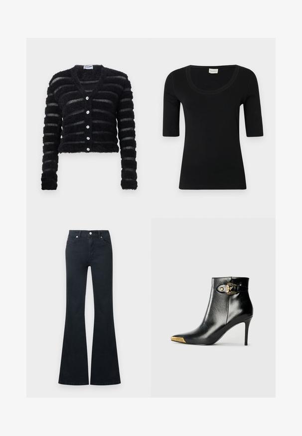 Cardigan noir duveteux à rayures horizontales transparentes, manches longues, col en V, et cinq boutons blancs sur le devant, portant l'étiquette Moschino.; T-shirt noire à manches courtes et col rond en tissu lisse, de coupe ajustée, sans motifs ni détails métalliques visibles.; Jean en denim noir évasé avec une taille haute, cinq poches et une fermeture à bouton métallique. Texture lisse et détails de couture contrastés.; Bottine noire en cuir brillant, avec un bout pointu, un talon aiguille, et des accessoires dorés ornés d'une boucle décorative.