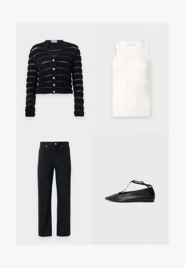 Sort fluffy cardigan med vandrette gennemsigtige striber, lange ærmer, V-hals og fem hvide knapper ned foran, mærket Moschino.; Hvid, ribbet, ærmeløs top med rund halsudskæring og lille broderet ræve-detalje under kraven, mærket Maison Kitsuné.; Sorte denim jeans med lige ben, fem-lomme design, kobberknap detaljer og minimal syning synlig.; Sorte læder balletflade sko med spids tå, udsnit design, ankelrem og guldkæde accent. Glat tekstur, minimal hæl.