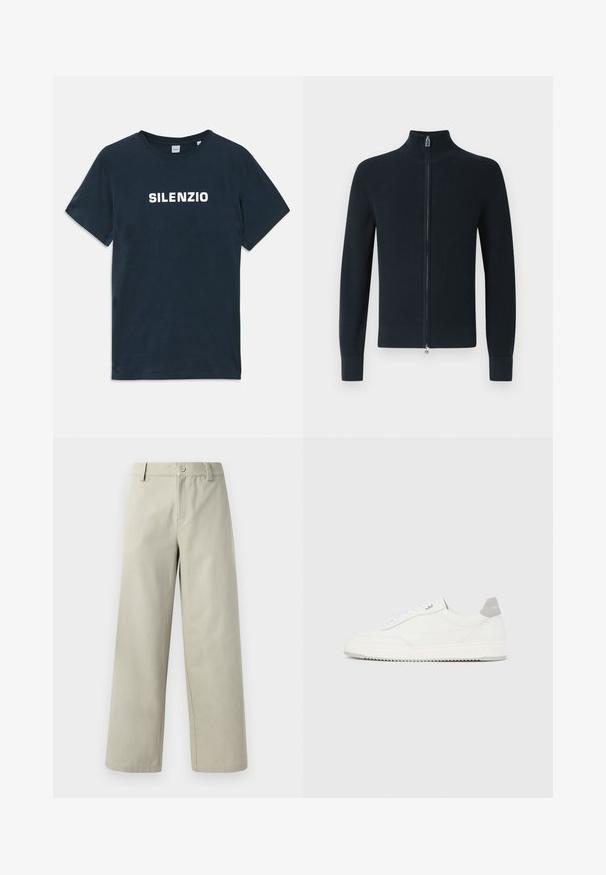 Donkerblauwe ribgebreide trui met rits, hoge kraag, lange mouwen en een zilveren ritssluiting aan de voorkant. Zachte gebreide structuur.; Navyblauwe katoenen T-shirt met korte mouwen en een ronde hals. Voorzien van "SILENZIO" in vetgedrukte witte tekst over de borst.; Han Kjøbenhavn WIDE LEG - Broek - light grey; Witte lage sneaker met grijze hielpatch, witte veters en een gestructureerde zool, gepresenteerd op een effen lichte achtergrond.