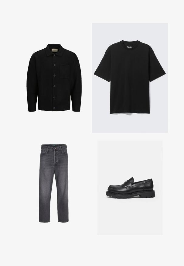 Schwarze gestrickte Strickjacke mit einem Kragenhals, vorderer Knopfverschluss, strukturiertem Stoff und einer einzelnen aufgesetzten Tasche auf der linken Seite.; Schwarzes Baumwoll-T-Shirt mit kurzem Arm und lockerem Schnitt, Rundhalsausschnitt, vor einem schlichten hellen Hintergrund gezeigt.; Dunkelgraue Denim-Jeans mit geradem Bein, hoher Taille, Fünf-Taschen-Styling und leichter Ausbleichung. Metallknopf und Reißverschluss. ; Schwarzer Lederloafer mit dicker, profilierter Sohle und Pennyriemen-Detail, von der rechten Seitenansicht auf weißem Hintergrund gezeigt.
