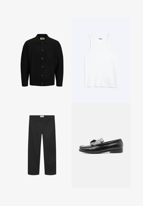 Sort strikket cardigan med krave, foran knaplukning, struktureret stof og en enkelt påsyet lomme på venstre side.; Hvid ærmeløs tanktop med rund halsudskæring og Weekday-mærke på den indvendige baghals, vist fladt på lys baggrund.; Sorte chinos lavet af glat bomuldsstof. Har en knaplukning, forlommer og et lige ben-design med rene kanter.; Sort læderloafer med kvastdetalje, lav hæl og rundet tå, vist fra siden mod en ensartet lys baggrund.