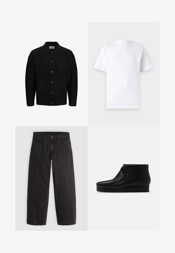 Sort strikket cardigan med krave, foran knaplukning, struktureret stof og en enkelt påsyet lomme på venstre side.; Hvid kortærmet t-shirt lavet af bomuld med rund hals, der har en glat tekstur og et simpelt design uden mønstre eller accenter.; Sorte denimjeans med lige ben, fem lommer og bæltestropper, vist fladt på en ensartet lys baggrund.; Sorte læder ankelstøvler med en rund tå, syninger og en blød gummisål. Har en snørelukning foran.