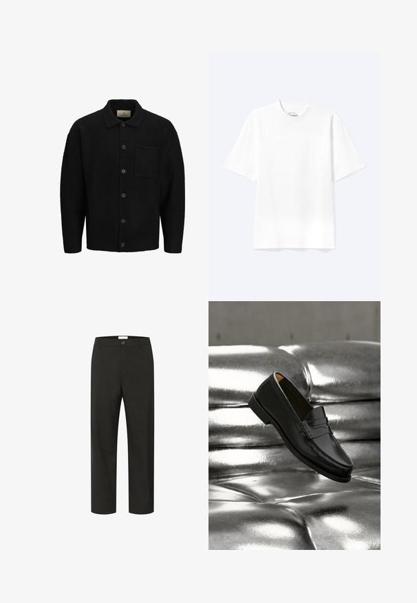 Cardigan en tricot noir avec un col, fermeture à boutons sur le devant, tissu texturé et une poche plaquée sur le côté gauche.; T-shirt blanc uni à manches courtes et col rond avec une coupe décontractée, présenté sur un fond clair.; Pantalon noir à la texture lisse, design à jambes droites, fermeture à bouton et passants de ceinture. Présente un look minimaliste sans motifs visibles.; Mocassin en cuir noir flottant au-dessus d'un canapé en cuir argenté brillant matelassé à boutons dans un décor minimaliste.
