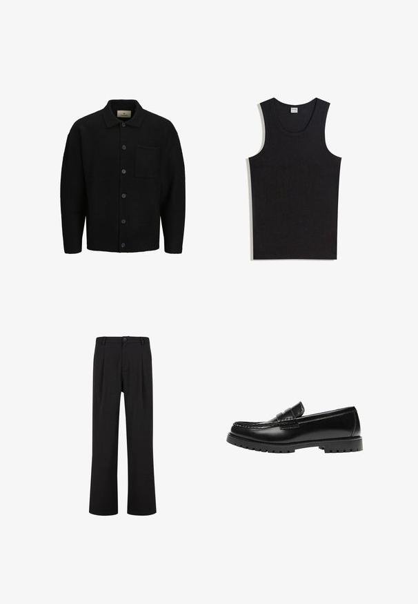 Cardigan en tricot noir avec un col, fermeture à boutons sur le devant, tissu texturé et une poche plaquée sur le côté gauche.; Débardeur noir en coton, doté d'un col rond et d'une coupe sans manches. Texture lisse sans motifs ni accents visibles.; Pantalon noir droit pour homme avec passants de ceinture, fermeture à boutons à l’avant et poches latérales, présenté sur fond blanc.; Mocassin en cuir noir avec une semelle en caoutchouc épaisse et un détail classique de bride à monnaie, vu de côté extérieur.
