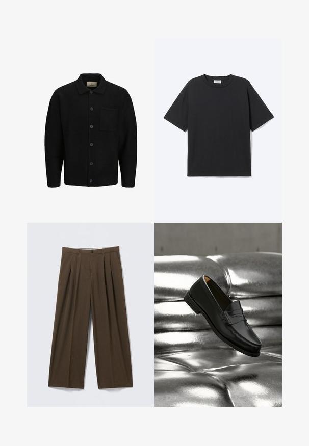 Cardigan en tricot noir avec un col, fermeture à boutons sur le devant, tissu texturé et une poche plaquée sur le côté gauche.; T-shirt noir à manches courtes avec col rond, coupe décontractée, vue de face, design uni et étiquette de la marque Weekday visible à l’intérieur du col.; Pantalon marron à fines rayures avec une coupe à jambes larges, doté de plis à l'avant, d'une fermeture à bouton et d'une texture lisse.; Mocassin en cuir noir flottant au-dessus d'un canapé en cuir argenté brillant matelassé à boutons dans un décor minimaliste.