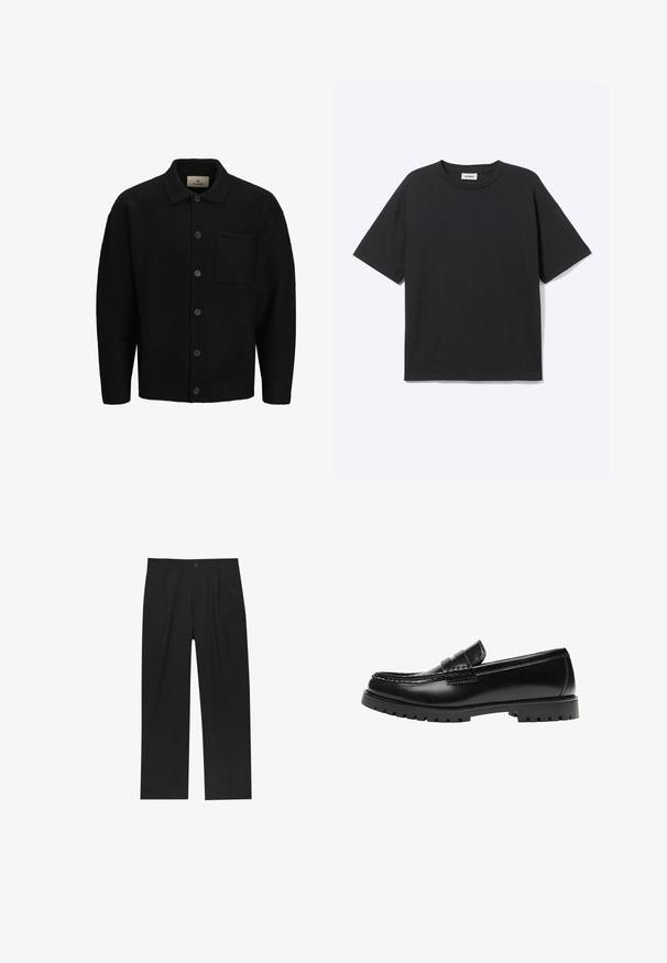 Cardigan en tricot noir avec un col, fermeture à boutons sur le devant, tissu texturé et une poche plaquée sur le côté gauche.; T-shirt noir à manches courtes avec col rond, coupe décontractée, vue de face, design uni et étiquette de la marque Weekday visible à l’intérieur du col.; Pantalons noirs au design droit, fabriqués à partir d'un tissu lisse. Dotés de plis sur le devant et d'une fermeture à un bouton à la taille.; Mocassin en cuir noir avec une semelle en caoutchouc épaisse et un détail classique de bride à monnaie, vu de côté extérieur.