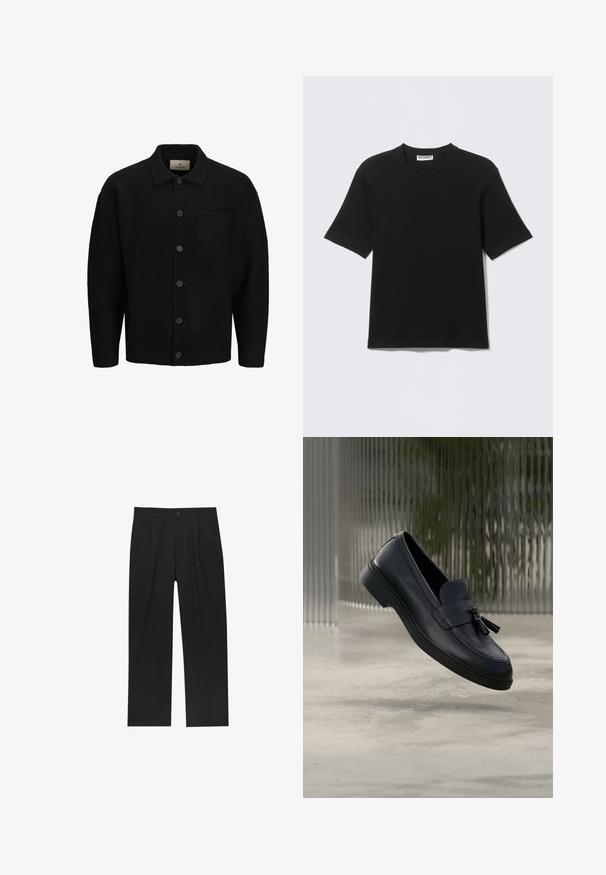 Cardigan en tricot noir avec un col, fermeture à boutons sur le devant, tissu texturé et une poche plaquée sur le côté gauche.; T-shirt noir à manches courtes avec col rond, portant une étiquette "WEEKDAY" à l'intérieur du col, présenté à plat sur un fond clair.; Pantalons noirs au design droit, fabriqués à partir d'un tissu lisse. Dotés de plis sur le devant et d'une fermeture à un bouton à la taille.; Mocassins en cuir noir avec une texture lisse, un bout arrondi et des pampilles décoratives à l'avant. Semelle en caoutchouc flexible avec un petit talon.
