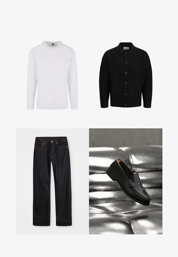 Sort strikket cardigan med krave, foran knaplukning, struktureret stof og en enkelt påsyet lomme på venstre side.; Langærmet t-shirt med rund hals i hvidt bomuldsstof. Glat tekstur med et enkelt design uden synlige mønstre eller accenter.; Mænds lige ben sorte denim jeans med fem lommer og orange syninger, knap- og lynlåslukning foran på taljen.; Sort læderloafer svæver over en skinnende sølvfarvet, polstret lædersofa i et minimalistisk miljø.