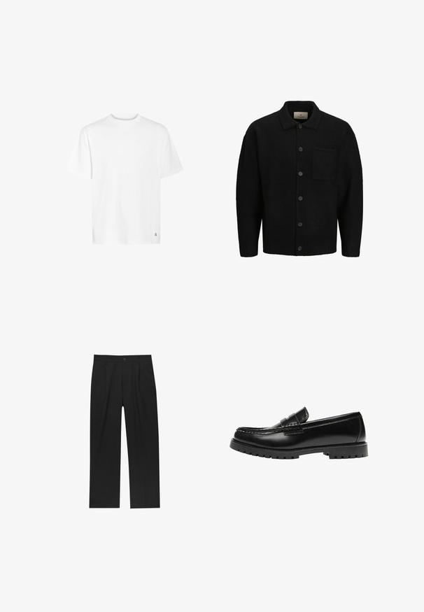 Sort strikket cardigan med krave, foran knaplukning, struktureret stof og en enkelt påsyet lomme på venstre side.; Hvid bomulds t-shirt med rund halsudskæring, korte ærmer og lige kant. Har et lille logo detaljeret i nederste hjørne.; Sorte bukser med lige ben, lavet af et glat stof. Har frontfolder og en enkelt knaplukning i taljen.; Sort læderloafer med en kraftig gummisål og klassiske penny-strap detaljer, vist fra ydersiden.