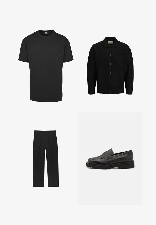 Cardigan en tricot noir avec un col, fermeture à boutons sur le devant, tissu texturé et une poche plaquée sur le côté gauche.; T-shirt en coton noir à manches courtes, col rond et coupe standard. Le tissu semble lisse et sans décoration.; Pantalons noirs au design droit, fabriqués à partir d'un tissu lisse. Dotés de plis sur le devant et d'une fermeture à un bouton à la taille.; Mocassin en cuir noir avec un bout rond, des détails cousus, et une semelle épaisse et texturée. Présente un design élégant et minimaliste.