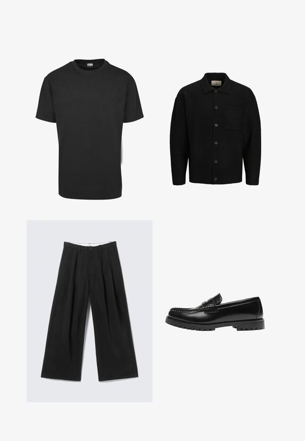 Sort strikket cardigan med krave, foran knaplukning, struktureret stof og en enkelt påsyet lomme på venstre side.; Sort bomuld t-shirt med korte ærmer, rund halsudskæring og almindelig pasform. Stoffet fremstår glat og uden pynt.; Sorte bukser med vide ben, læg, bæltestropper og en knaplukning, vist mod en lys grå baggrund.; Sort læderloafer med en kraftig gummisål og klassiske penny-strap detaljer, vist fra ydersiden.
