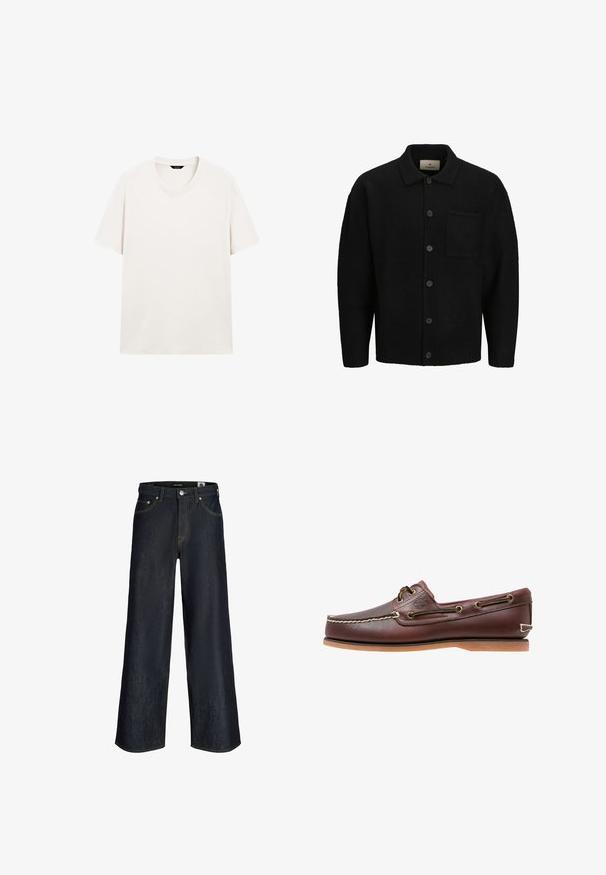 Sort strikket cardigan med krave, foran knaplukning, struktureret stof og en enkelt påsyet lomme på venstre side.; Lys hvid kortærmet t-shirt med rund hals, vist fladt med synlig halslabel mod en hvid baggrund.; Mørkeblå vidbenede jeans med frontknap, lommer og synlige orange syninger på hvid baggrund.; Brun læder bådsko med hvide sømme, snøre detaljer og lysbrun gummisål, vist fra siden på hvid baggrund.